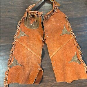 Vintage 70’s Kids Leather Western Chaps With Fringe 17” Longhorns Bulls Suede